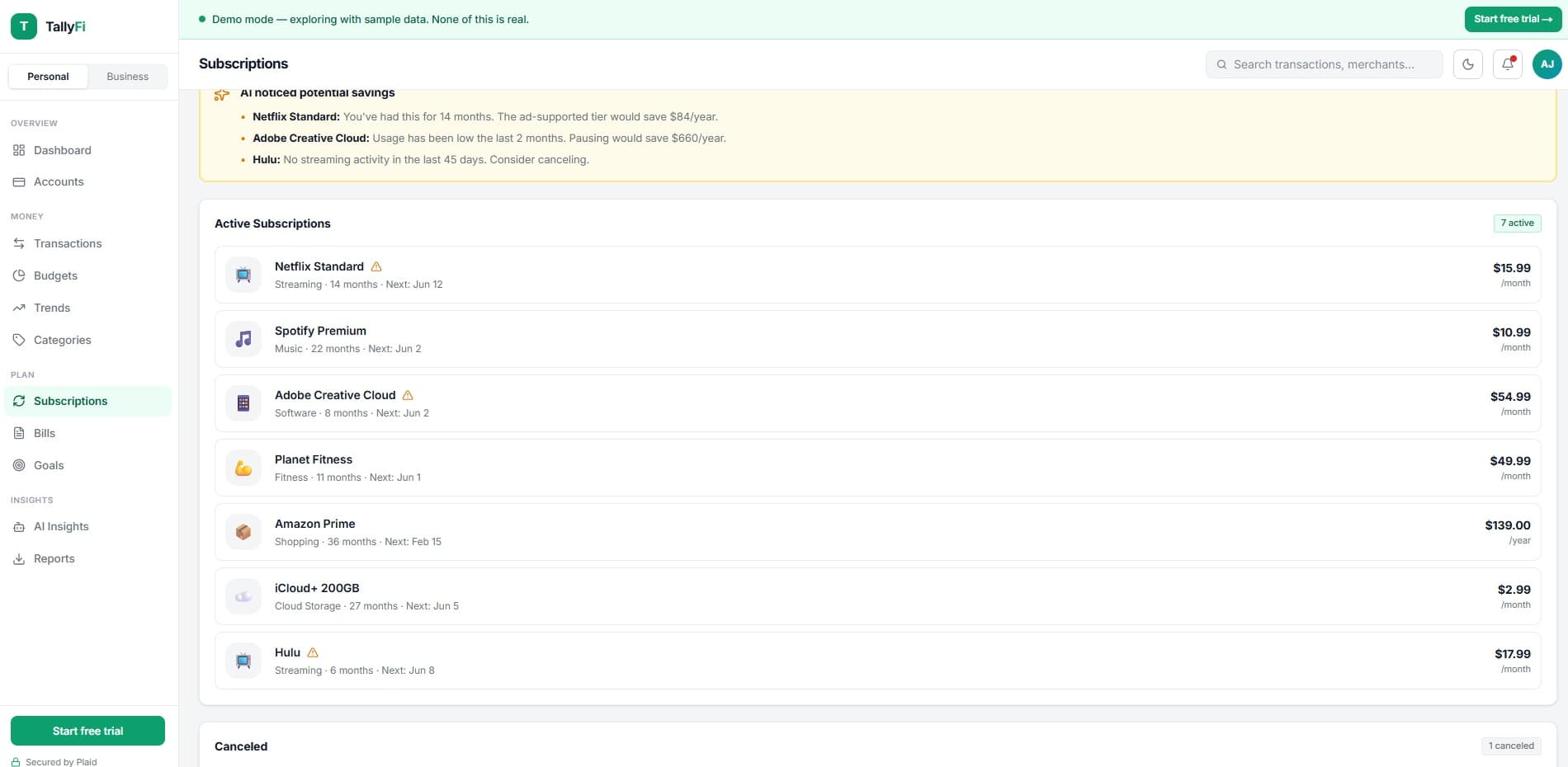 Tally Personal Finance subscriptions page — AI noticed potential savings panel + list of 7 active subscriptions with monthly costs