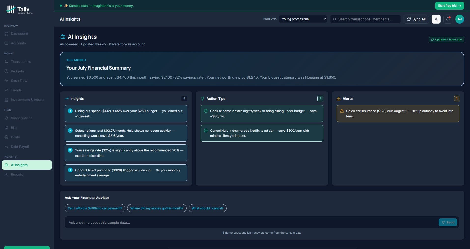 Tally Personal Finance AI Insights page — May financial summary, observations, alerts, and a chat for questions about your own numbers